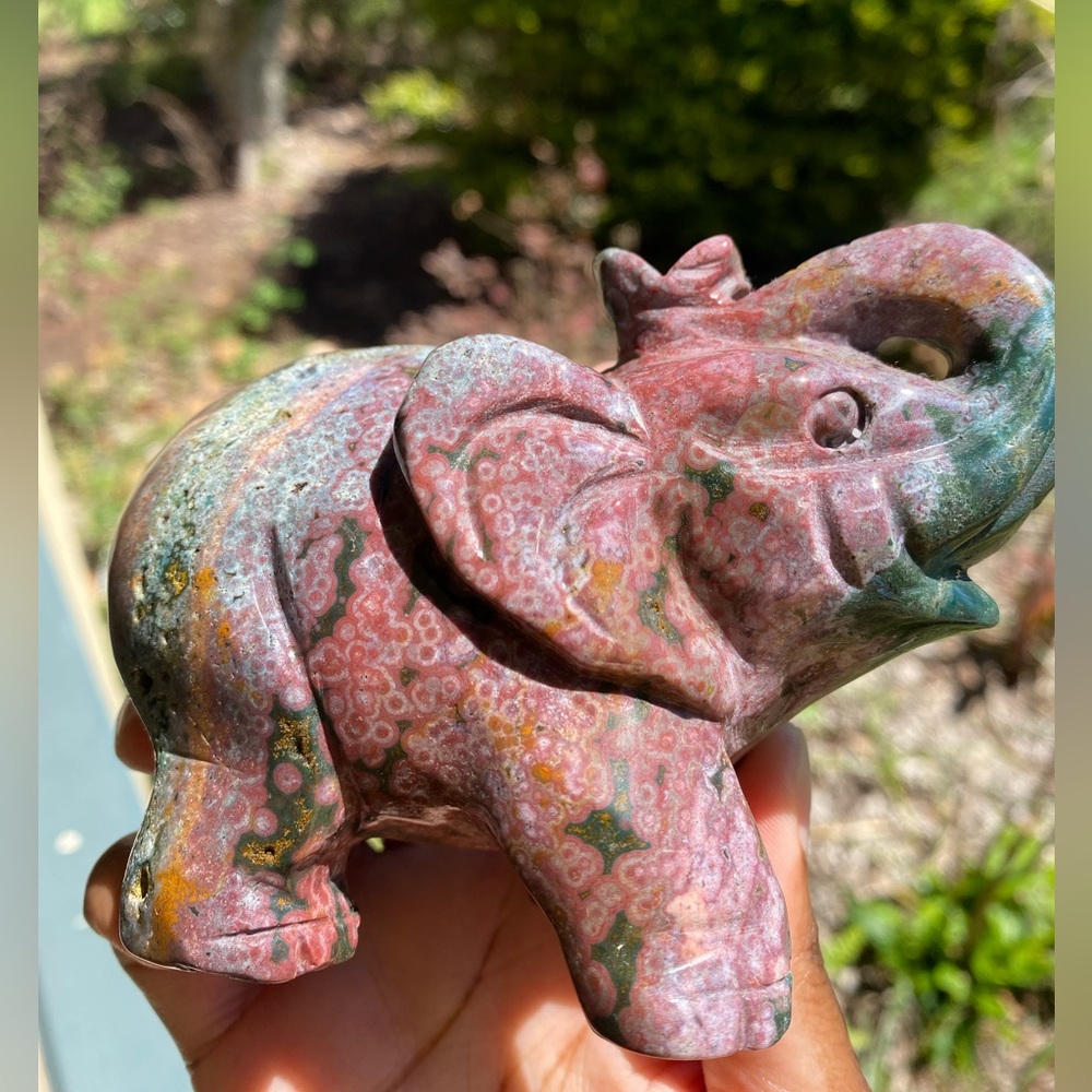 Natural, Colorful Orbicular Ocean Jasper Elephant Carving - Picture 8 of 8